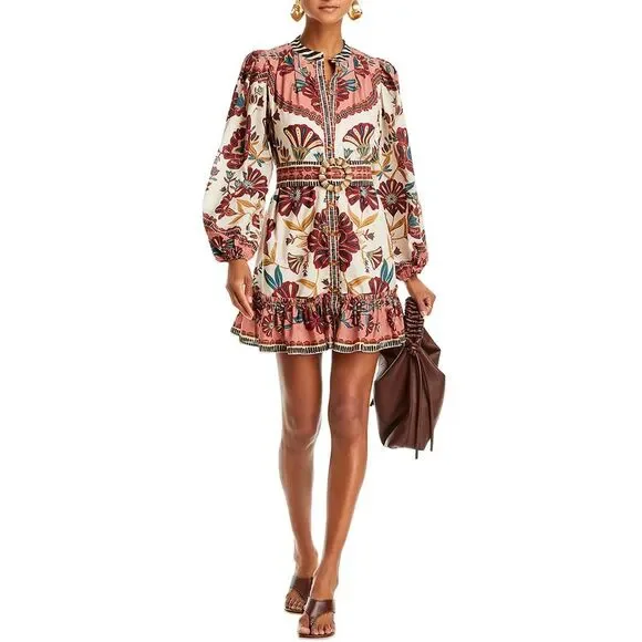 Farm Rio Womens Belted Mini Dress Small Raid Cream - NWT $248 - Picture 3 of 6